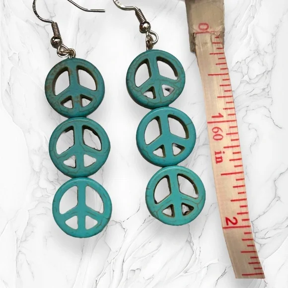 Hand Crafted Earrings Peace Sign Turquoise Hippie Boho Dangle Silver Green Resin - Picture 3 of 5